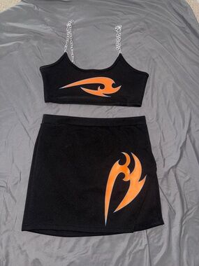 Dolls Kill Black Mini Skirt Set with Orange Graphic